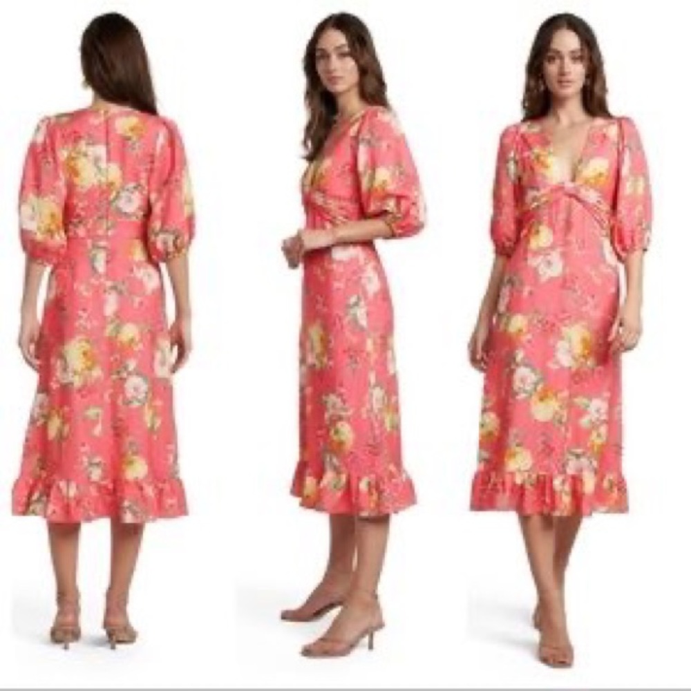 NWOT Ever New Melbourne Modi floral pouf sleeve linen dress M L size 8